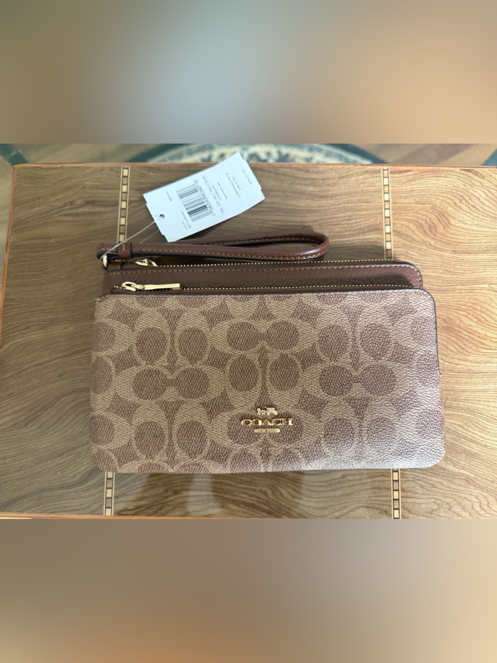 Coach Double Zip Wristlet – Brown Signature Canvas (NEW w/ Tags)